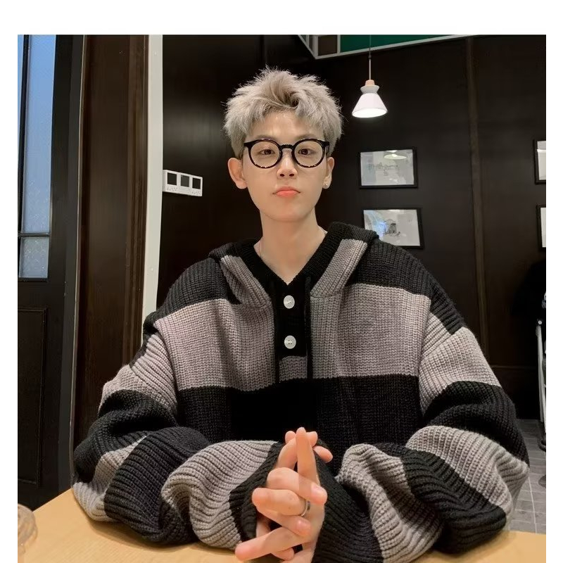 Áo Khoác Len Có Nón Họa Tiết Sọc Ngang Phong Cách Hàn Quốc Dành Cho Nam