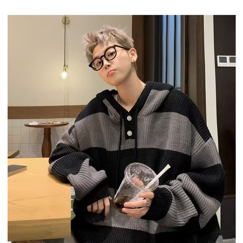 Áo Khoác Len Có Nón Họa Tiết Sọc Ngang Phong Cách Hàn Quốc Dành Cho Nam