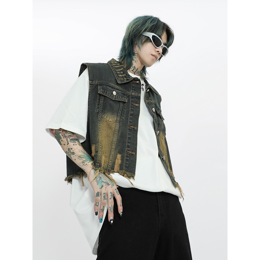 YOUTANG Áo Khoác denim Không Tay Ngắn Dáng Rộng Phong Cách retro Cho Nam