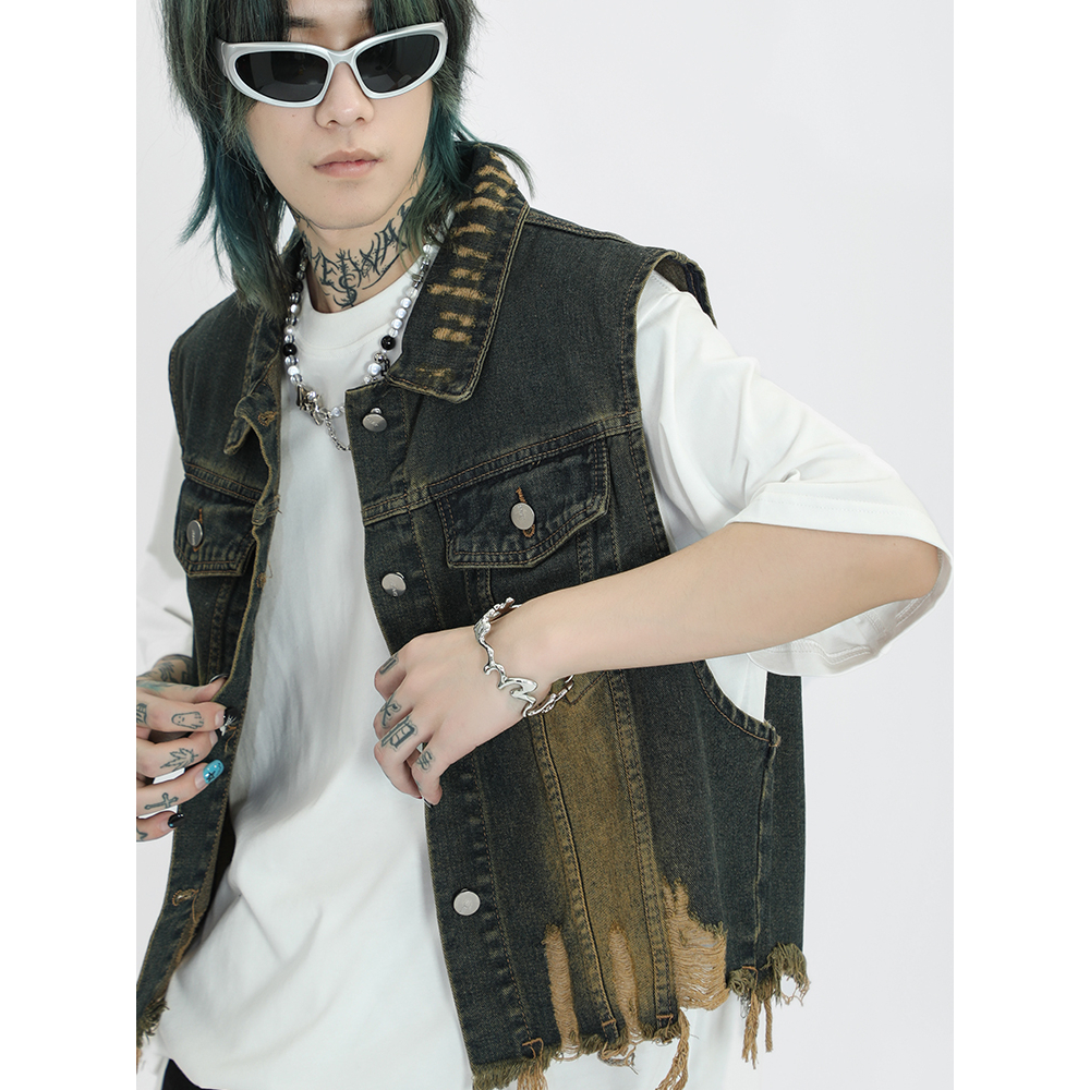 YOUTANG Áo Khoác denim Không Tay Ngắn Dáng Rộng Phong Cách retro Cho Nam