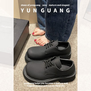 Giày Da Mũi Tròn Đế Dày Buộc Dây Màu Đen Phong Cách Anh Quốc Cổ Điển Cho Nữ