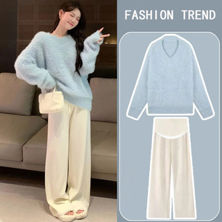 Bộ đồ bà bầu cổ chữ v áo len dệt kim rời ngọt ngào dài tay quần hai mảnh thu đông bà bầu mặc ma