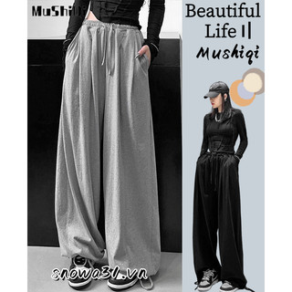 Mushiqi Quần Dài Nữ Ống Rộng Lưng Cao Dây Rút Thời Trang