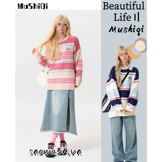 Mushiqi Áo sweater Dáng Rộng Cổ Tròn Kẻ Sọc Thiết Kế Mới Cho Nữ