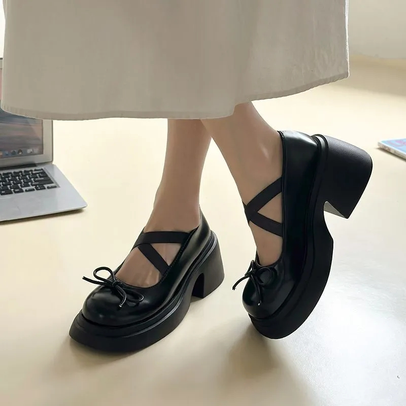 Giày Da Đế Xuồng Quai Chéo Thắt Nơ Xinh Xắn
