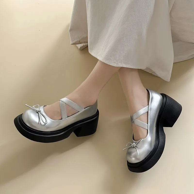 Giày Da Đế Xuồng Quai Chéo Thắt Nơ Xinh Xắn