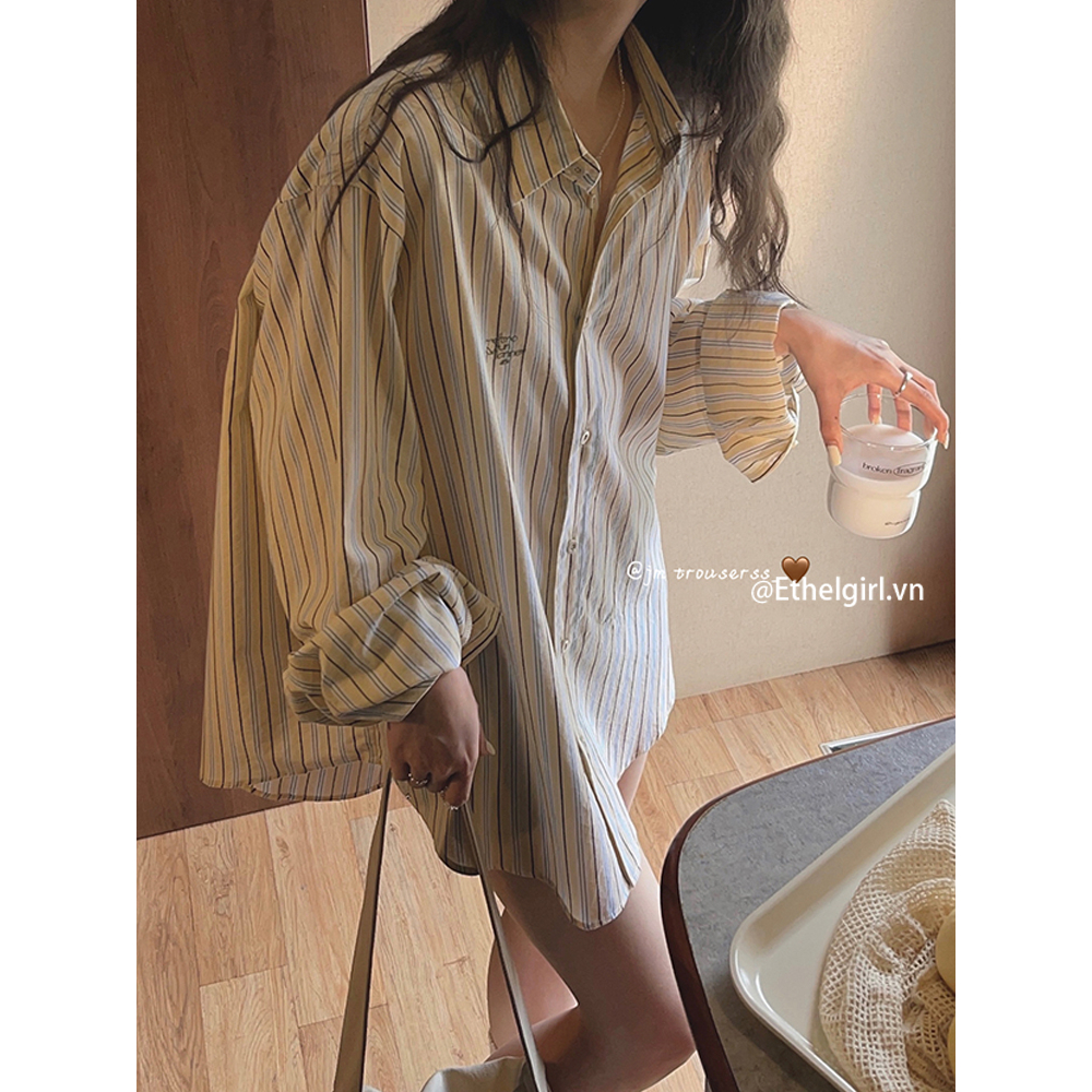 Ethelgirl Áo Sơ Mi Nữ Dài Tay Cổ Bẻ Form Rộng Họa Tiết Sọc Dọc Thời Trang Hàn