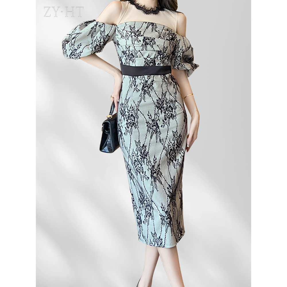 ZYHT Đầm Nước pháp màu đen Một từ cổ áo vải ren Maxi Mảnh mai Đầm nữ dự tiệc cưới đẹp 50349