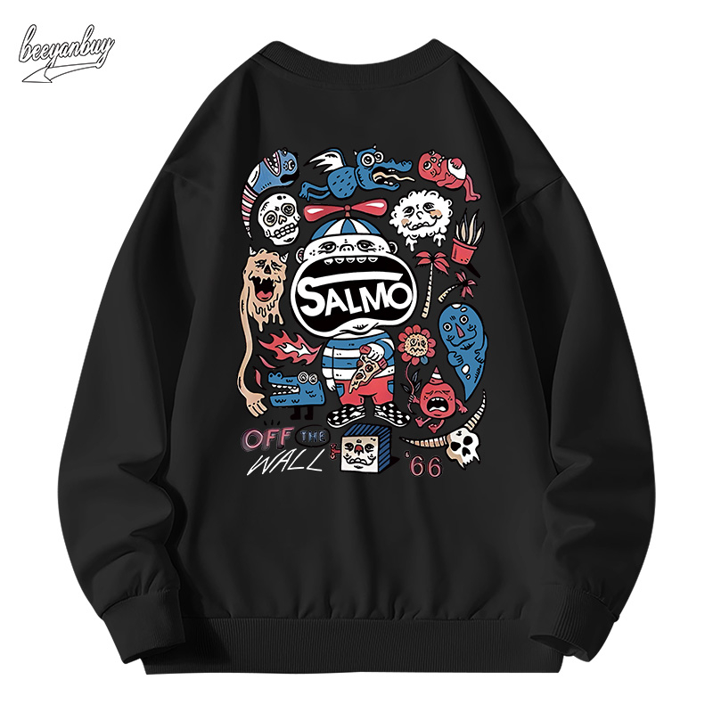 Áo sweater nam đen BEEYANBUY áo nỉ tay dài thời trang vintage  in hình unisex 100% cotton-Y0480