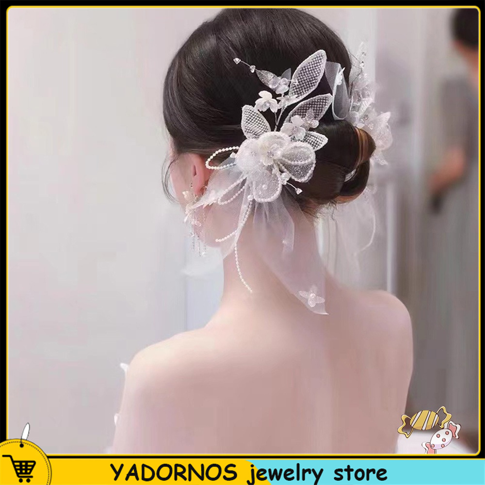 YADORNOS Set Bông Tai Kẹp Tóc Hoa Lưới Trắng Không Gây Dị Ứng Ngọt Ngào