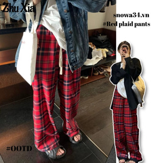 Zhu Xia Quần ống rộng Dáng Suông Lưng Cao Sọc Caro Đỏ Phong Cách Hàn Quốc Thời Trang Xuân Thu Mới Cho Nữ y2k