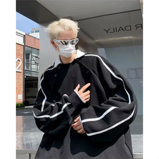 Mới Áo sweater Nam cotton Dáng Rộng Họa Tiết Kẻ Sọc áo sweater có cổ Phong Cách retro Mỹ Áo sweater form rộng Nam Nữ