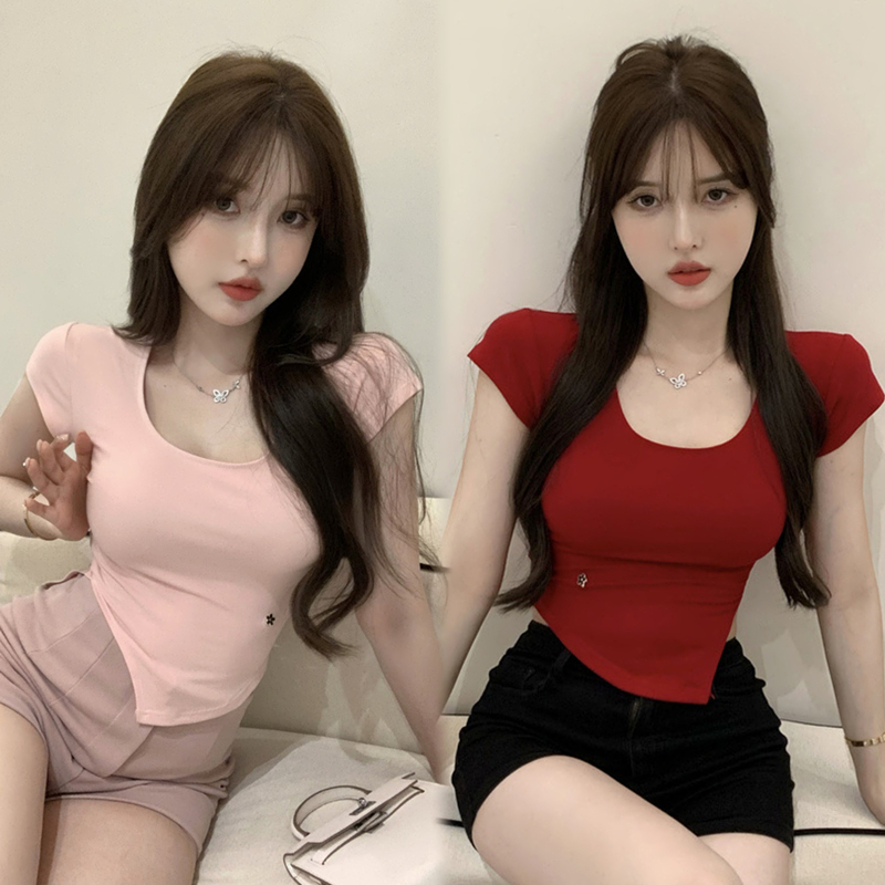 WANGJIAOZHAN Áo croptop Thun Tay Ngắn Cổ Vuông Màu Sắc Đơn Giản Cho Nữ