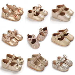  Giày Công Chúa Đế Cao Su Chống Trượt Đính Nơ Lớn Màu Vàng Đồng Cho Bé Gái Tập Đi 