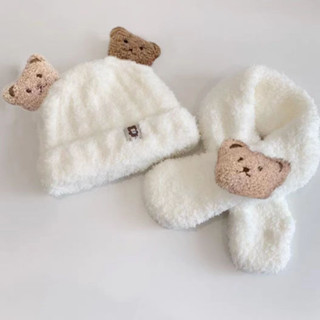 Mũ Len Kèm Khăn Choàng Cổ Giữ Ấm Tai Hình Gấu Đáng Yêu Thời Trang Mùa Thu Đông Dành Cho Bé