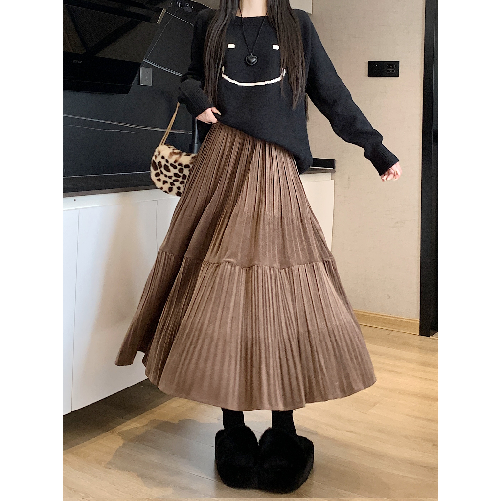 Xiaozhainv Chân Váy Nhung Chữ a Xếp Ly Lưng Cao Thời Trang Hàn Quốc