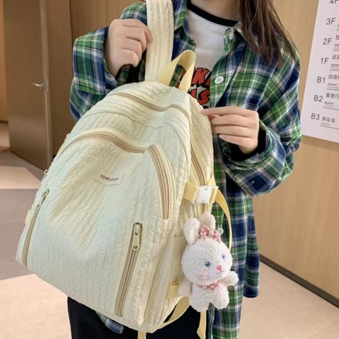 Ba Lô Đi Học Vải Nhung Kẻ Màu Trơn Dễ Thương Phong Cách Nhật Hàn Cho Nữ