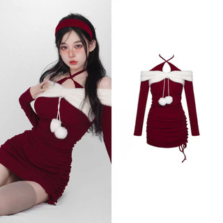 Kaisike   Đầm Dài Tay Trễ Vai Màu Đỏ Rượu Vang Phong Cách Giáng Sinh Gợi Cảm