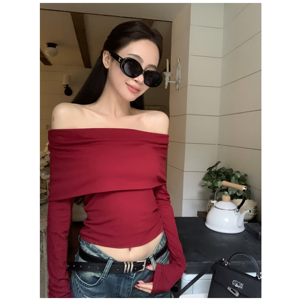 Áo sweater Tay Dài Dáng Ôm Trễ Vai Kiểu retro Hàn Quốc Xinh Xắn Cho Nữ