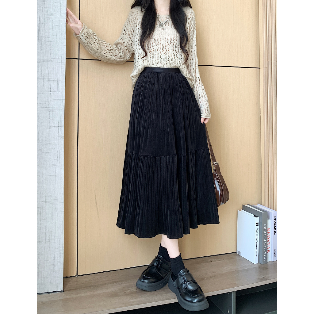 Xiaozhainv Chân Váy Nhung Chữ a Xếp Ly Lưng Cao Thời Trang Hàn Quốc