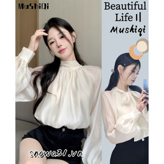 Mushiqi áo sơ mi dài tay thắt nơ phong cách pháp mới cho nữ
