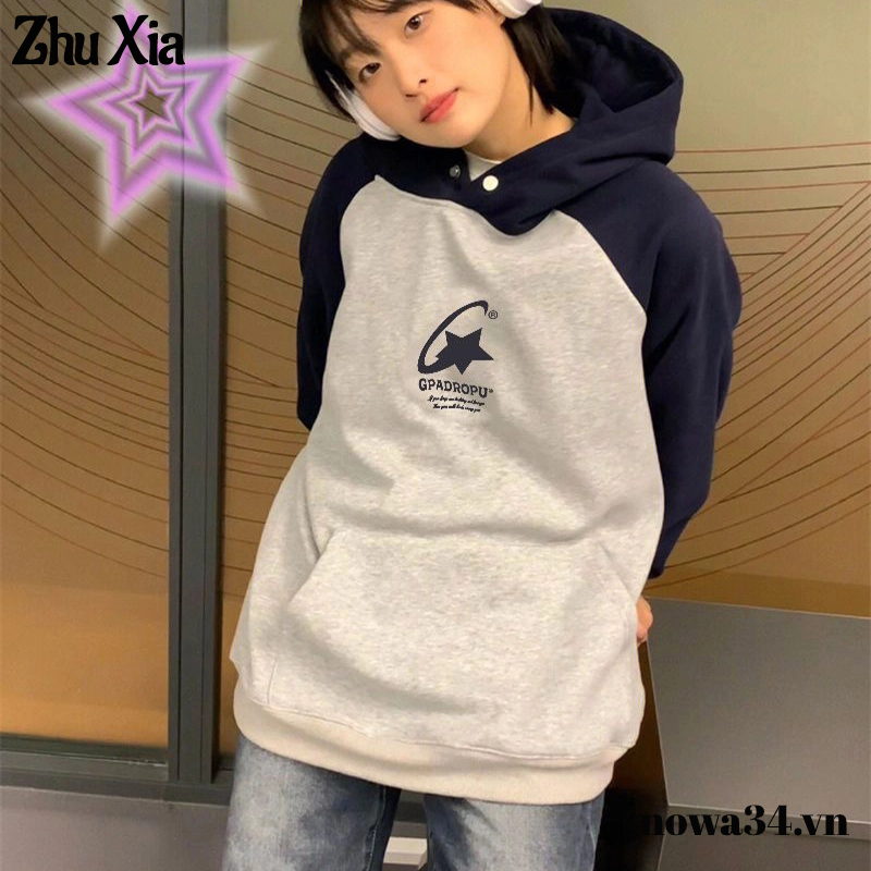 Zhu xia Áo sweatshirt Có Mũ Dáng Rộng Tay raglan Phong Cách Mỹ Cho Nữ
