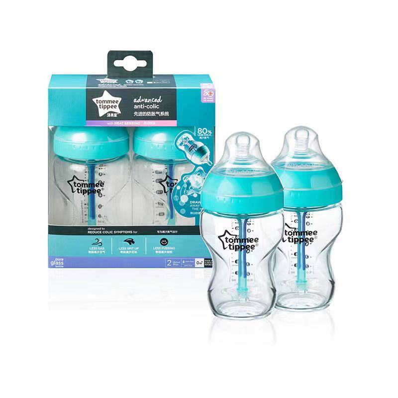 TOMMEE TIPPEE Tommee Bình Thủy Tinh Tinh Tinh Khiết Cổ Rộng Với Bộ Lọ Thủy Tinh Cảm Biến Nhiệt Chống Tràn 0m + Trà