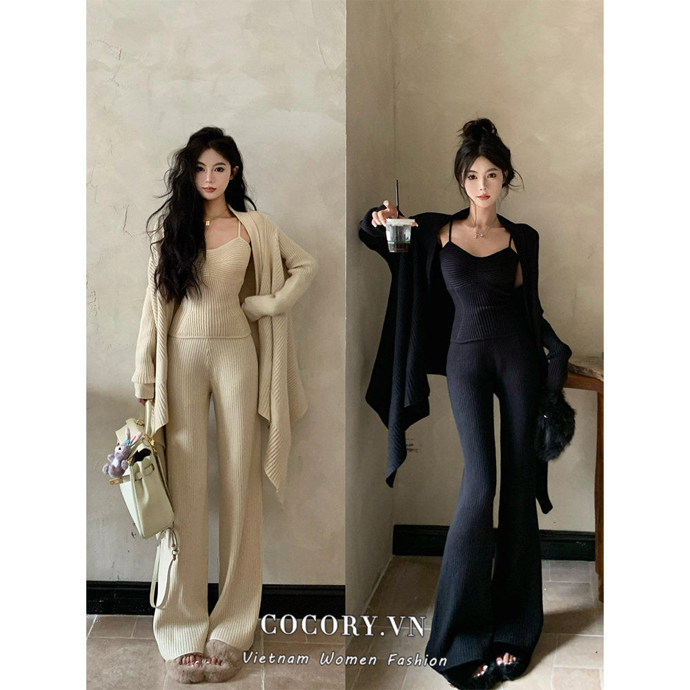 Cocory vn Set Áo Khoác cardigan Dài Tay Form Rộng + Áo camisole Không Tay + Quần Lưng Cao Thời Trang Dành Cho Nữ
