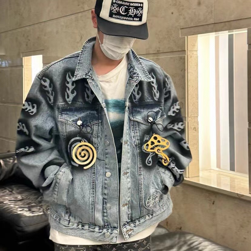 Stussy Áo Khoác denim Dáng Rộng Họa Tiết graffiti Vẽ Tay 8 Màu Đen Thời Trang Thu Đông Cho Cặp Đôi