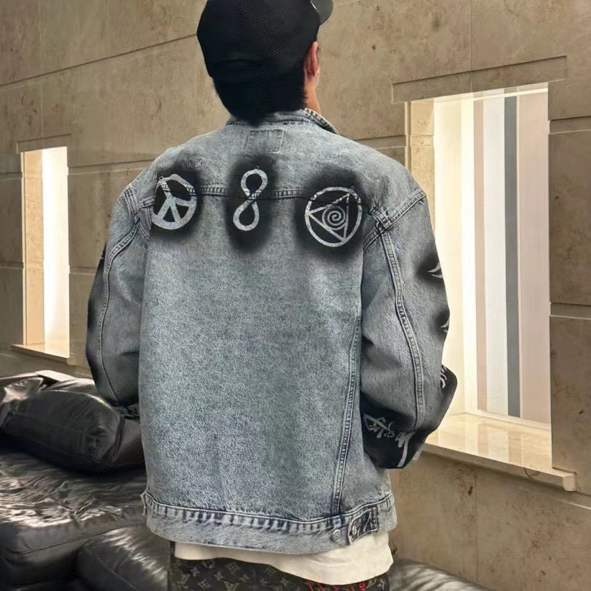 Stussy Áo Khoác denim Dáng Rộng Họa Tiết graffiti Vẽ Tay 8 Màu Đen Thời Trang Thu Đông Cho Cặp Đôi