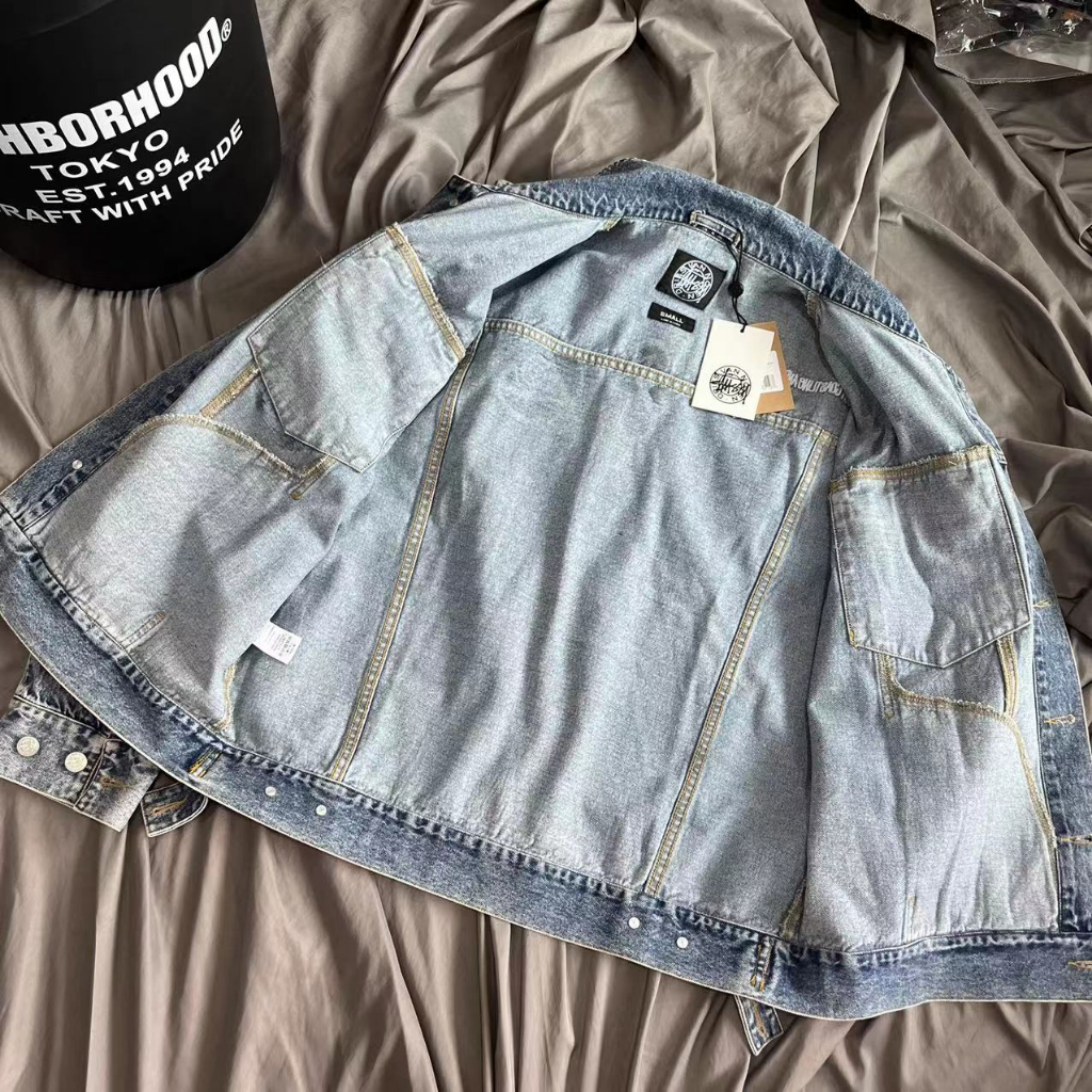 Stussy Áo Khoác denim Dáng Rộng Họa Tiết graffiti Vẽ Tay 8 Màu Đen Thời Trang Thu Đông Cho Cặp Đôi