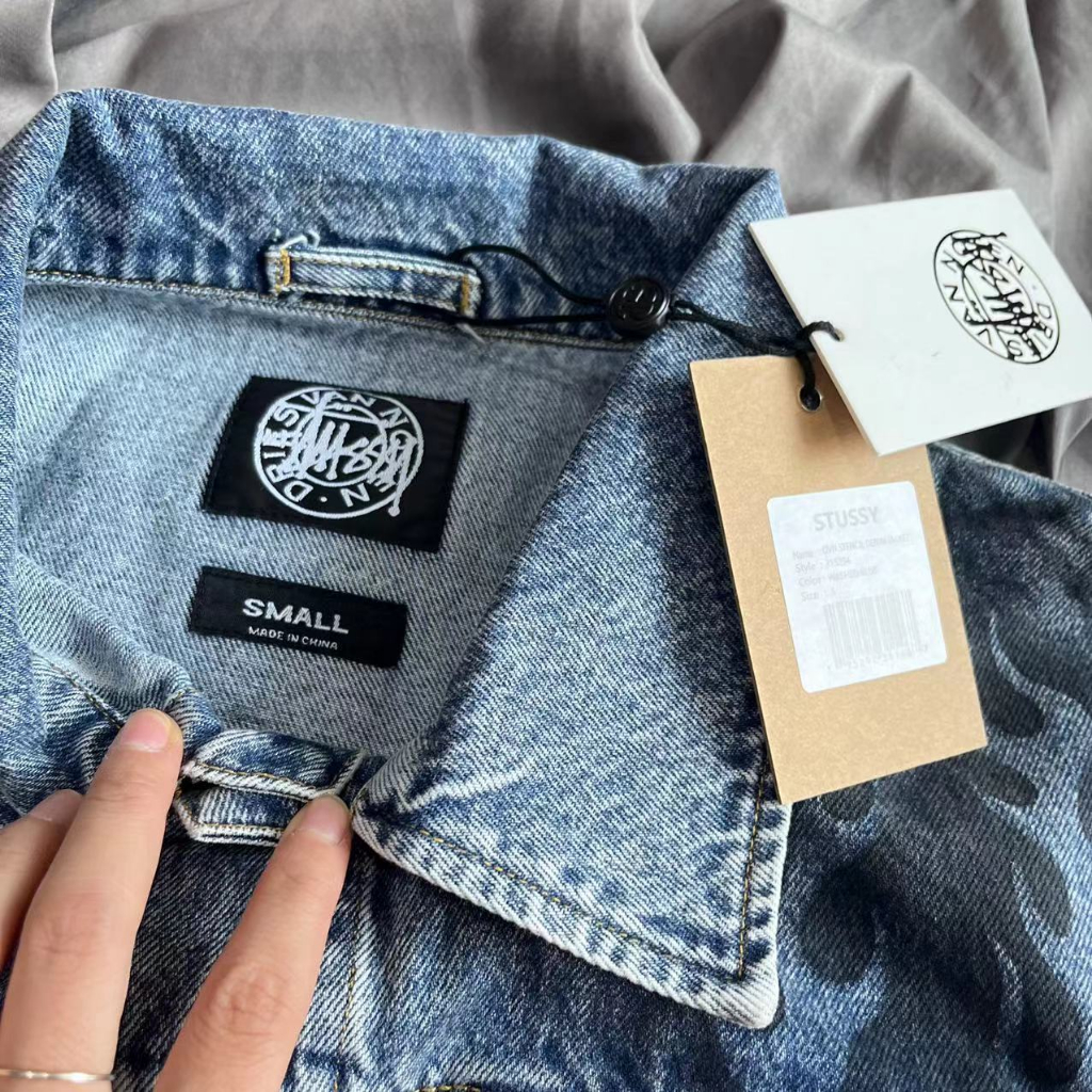 Stussy Áo Khoác denim Dáng Rộng Họa Tiết graffiti Vẽ Tay 8 Màu Đen Thời Trang Thu Đông Cho Cặp Đôi