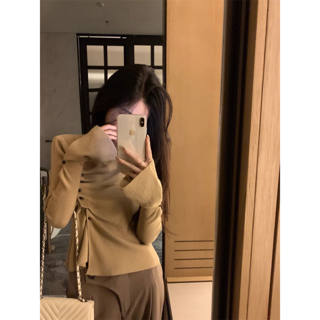 Porozi Áo sweater Dệt Kim Tay Dài Dáng Ôm Phối Nút Thiết Kế Chéo Thời Trang Cho Nữ