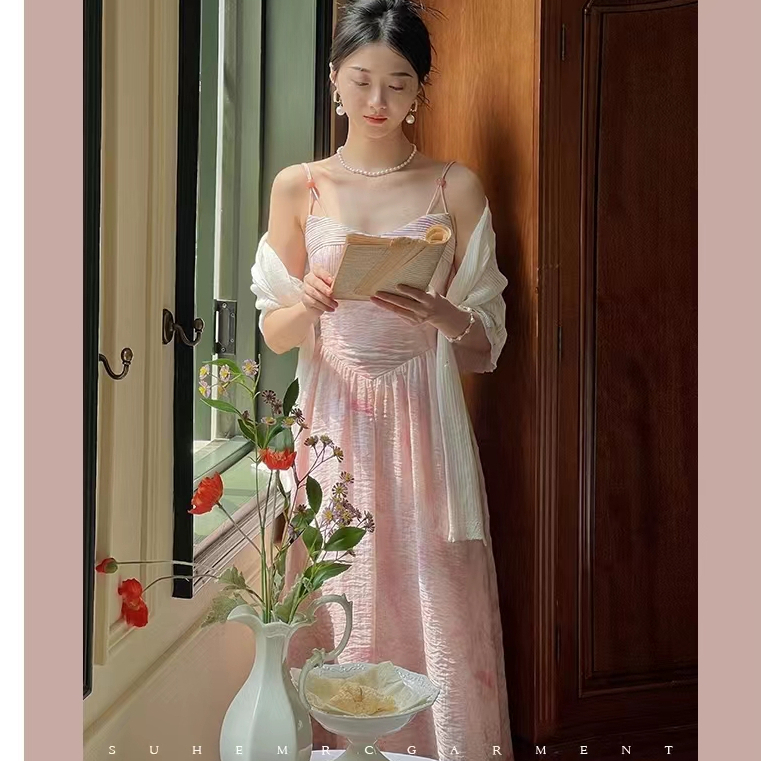 Sugemiusi Đầm Tầng Hai Dây Phối Ren Dáng Ôm Dài Vừa Vặn Cho Nữ