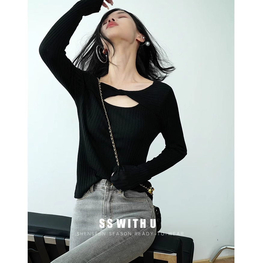 Honypove Áo sweater Dệt Kim Tay Dài Thiết Kế Thắt Nút Độc Đáo Thời Trang Xuân Thu 2023 Phong Cách Mới Cho Nữ