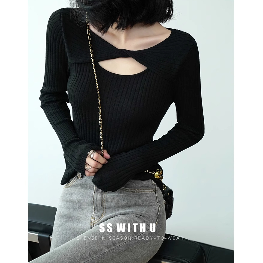 Honypove Áo sweater Dệt Kim Tay Dài Thiết Kế Thắt Nút Độc Đáo Thời Trang Xuân Thu 2023 Phong Cách Mới Cho Nữ