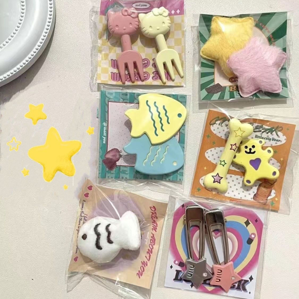 Set 15 Kẹp Tóc Hình Mèo kitty / Ngôi Sao / Cá Nhỏ Dễ Thương Cho Bé Gái