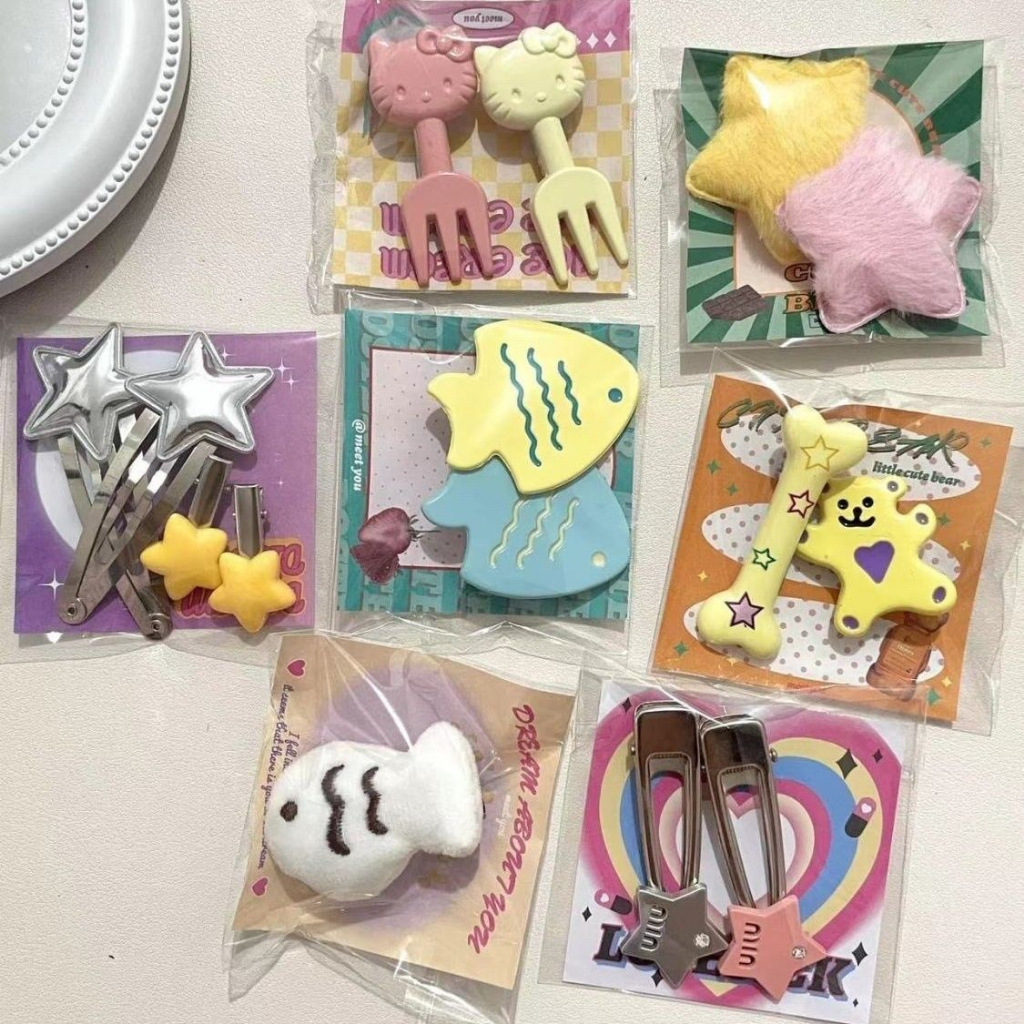 Set 15 Kẹp Tóc Hình Mèo kitty / Ngôi Sao / Cá Nhỏ Dễ Thương Cho Bé Gái