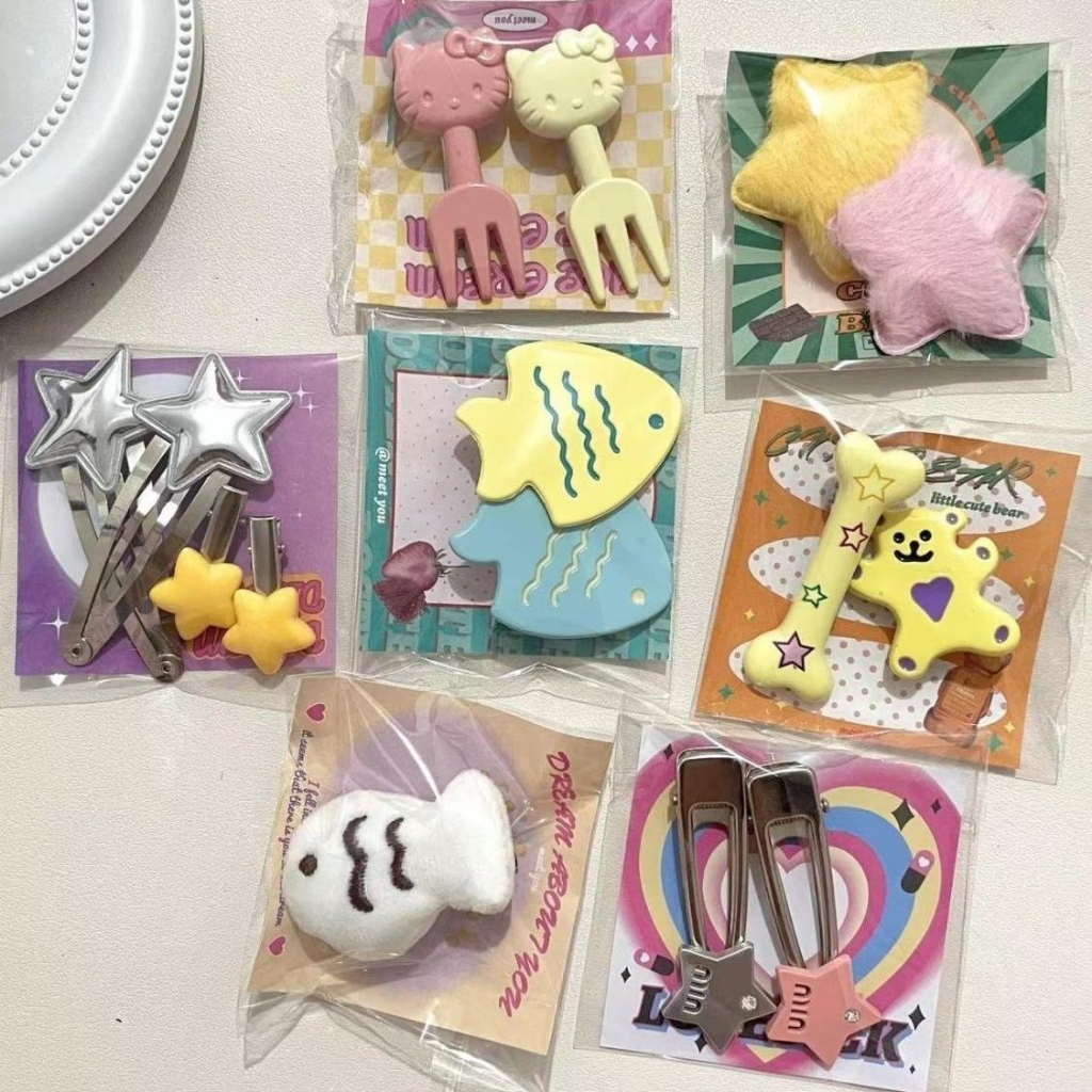 Set 15 Kẹp Tóc Hình Mèo kitty / Ngôi Sao / Cá Nhỏ Dễ Thương Cho Bé Gái