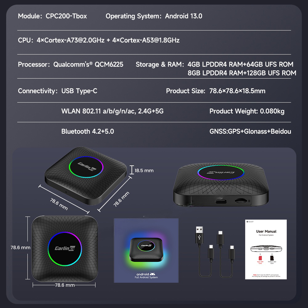 Carlinkit carplay Hộp android 13 8 + 128gb qcm 8 core 6225 Không Dây carplay netflix 4g lte
