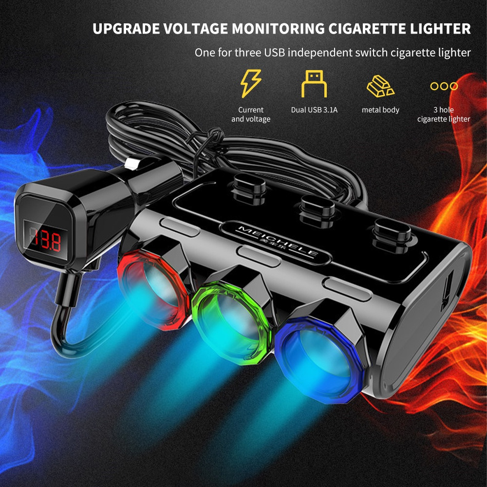 Tẩu sạc nhanh, Bộ chia tẩu sạc ô tô 3 Cổng Kèm Công Tắc 12V