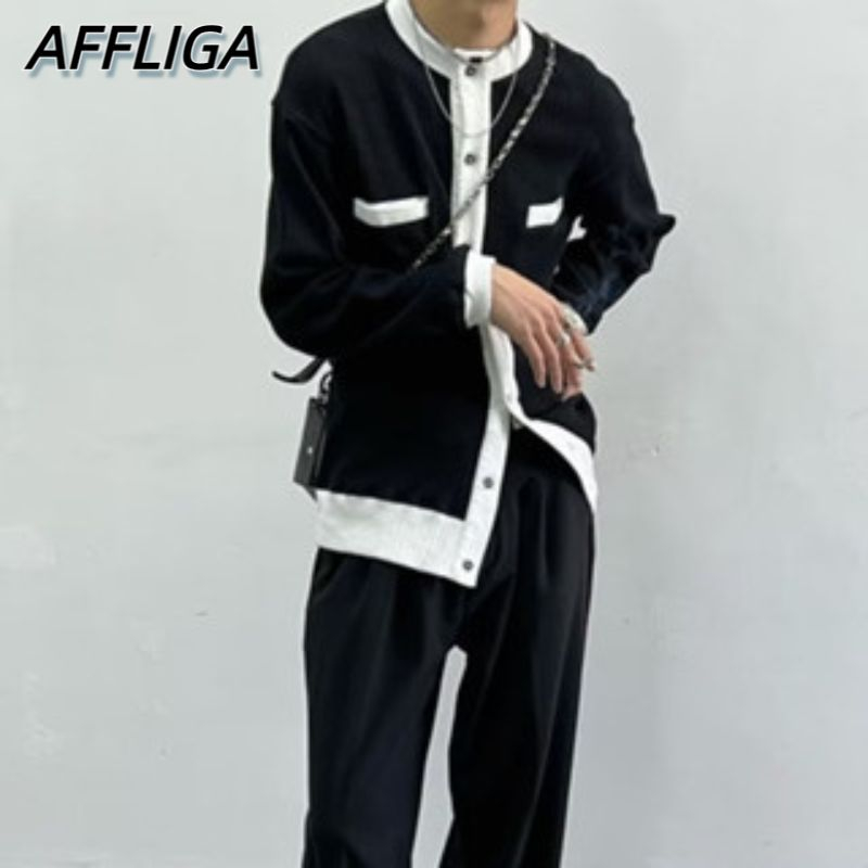 ✦ AFFLIGA ✦Áo Cardigan Dệt Kim Tay Dài Cổ Tròn Có Túi Trước Thiết Kế Bất Đối Xứng Phong Cách Hàn Quốc Cho Nam