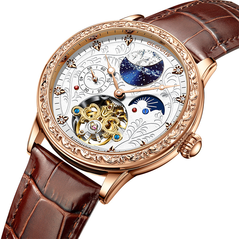 Glenaw Đồng Hồ Đeo Tay Mặt Trời Chạm Khắc Hình Mặt Trăng Ngôi Sao Rỗng Không Thấm Nước Phát Sáng Tinh Tế Thời Trang Cho Nam