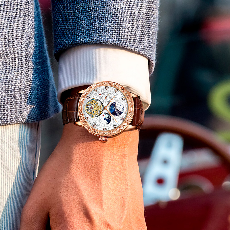 Glenaw Đồng Hồ Đeo Tay Mặt Trời Chạm Khắc Hình Mặt Trăng Ngôi Sao Rỗng Không Thấm Nước Phát Sáng Tinh Tế Thời Trang Cho Nam