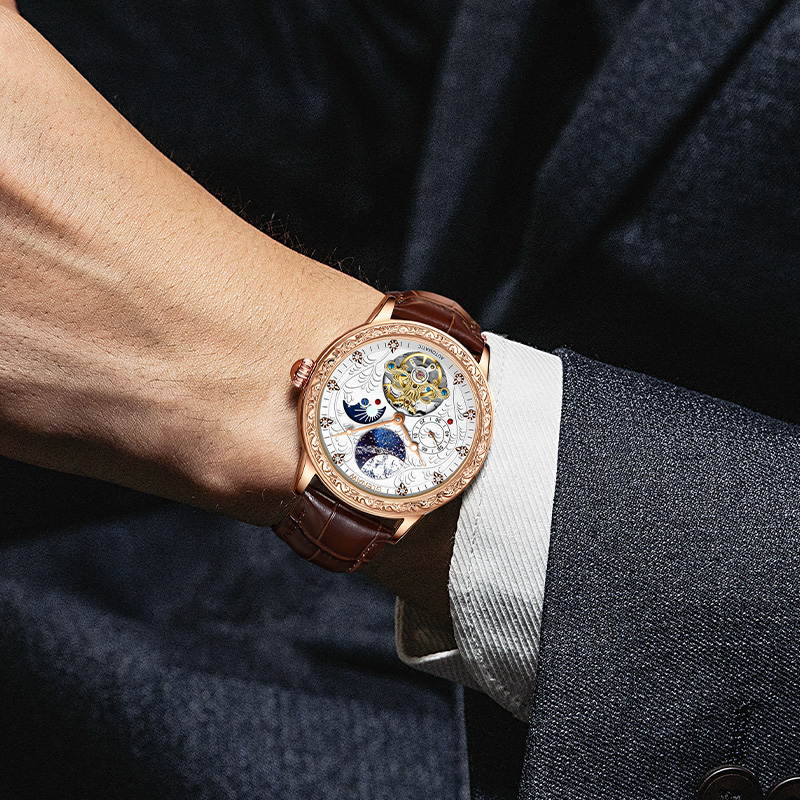 Glenaw Đồng Hồ Đeo Tay Mặt Trời Chạm Khắc Hình Mặt Trăng Ngôi Sao Rỗng Không Thấm Nước Phát Sáng Tinh Tế Thời Trang Cho Nam