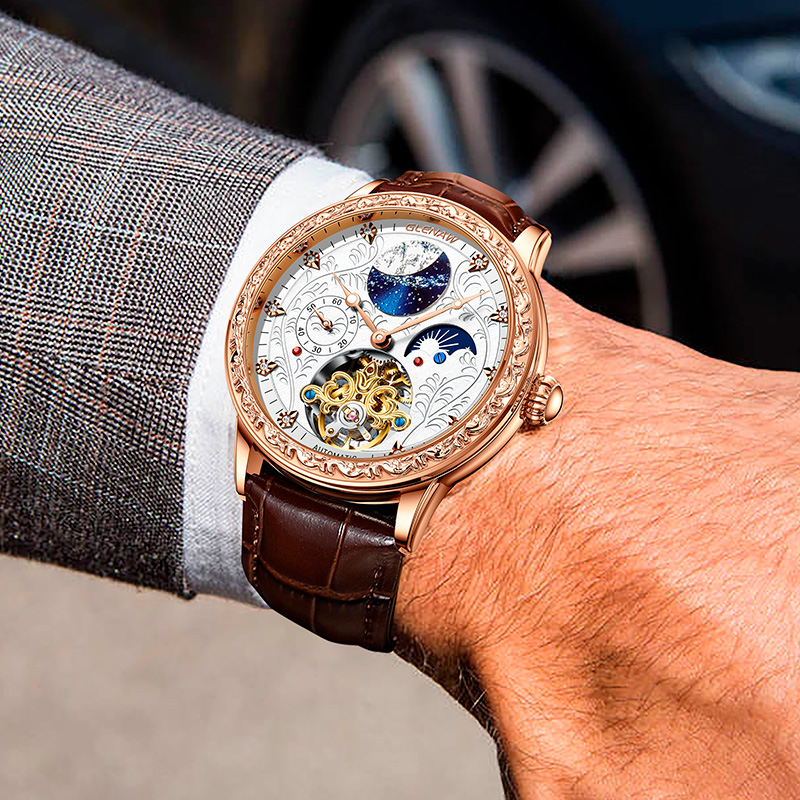 Glenaw Đồng Hồ Đeo Tay Mặt Trời Chạm Khắc Hình Mặt Trăng Ngôi Sao Rỗng Không Thấm Nước Phát Sáng Tinh Tế Thời Trang Cho Nam