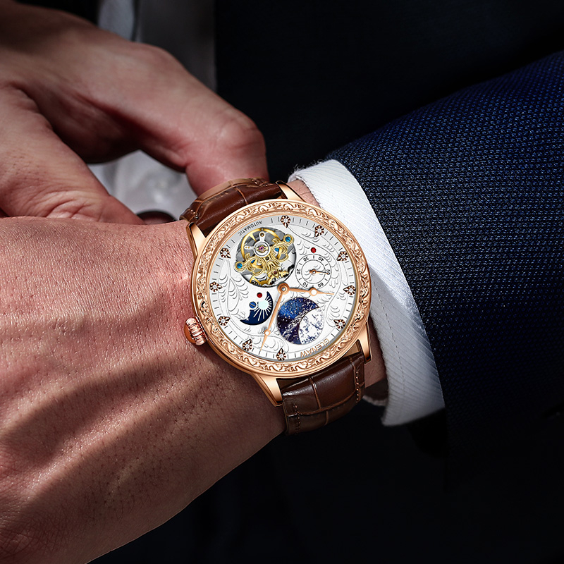 Glenaw Đồng Hồ Đeo Tay Mặt Trời Chạm Khắc Hình Mặt Trăng Ngôi Sao Rỗng Không Thấm Nước Phát Sáng Tinh Tế Thời Trang Cho Nam