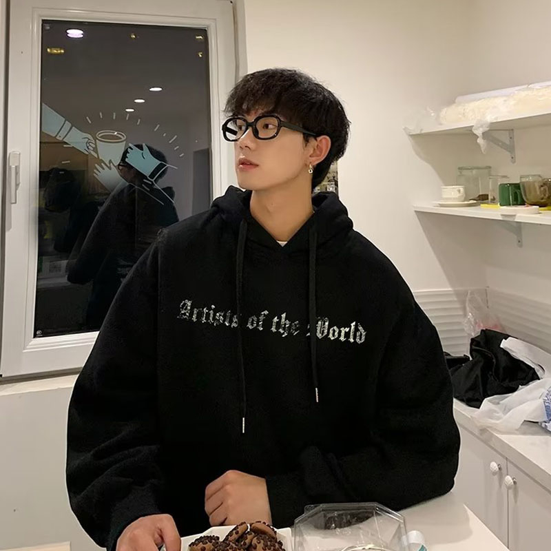 Áo Khoác sweater Có Mũ Trùm Dày Dặn Dáng Rộng Màu Trơn In Chữ Kiểu retro Đường Phố Thời Trang Mùa Đông Cho Nam