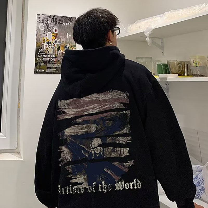 Áo Khoác sweater Có Mũ Trùm Dày Dặn Dáng Rộng Màu Trơn In Chữ Kiểu retro Đường Phố Thời Trang Mùa Đông Cho Nam