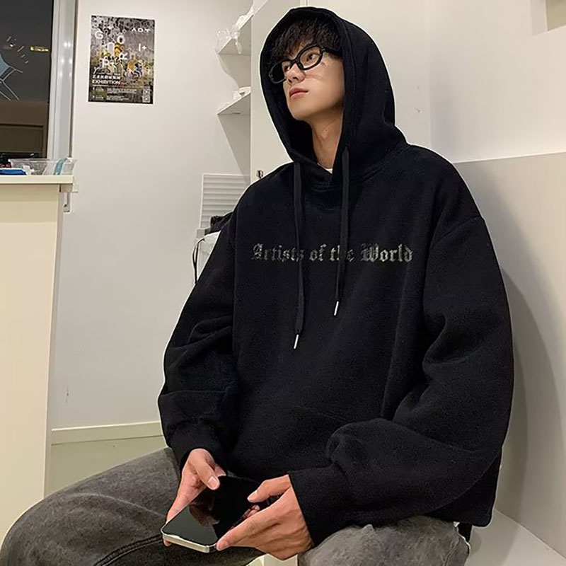 Áo Khoác sweater Có Mũ Trùm Dày Dặn Dáng Rộng Màu Trơn In Chữ Kiểu retro Đường Phố Thời Trang Mùa Đông Cho Nam